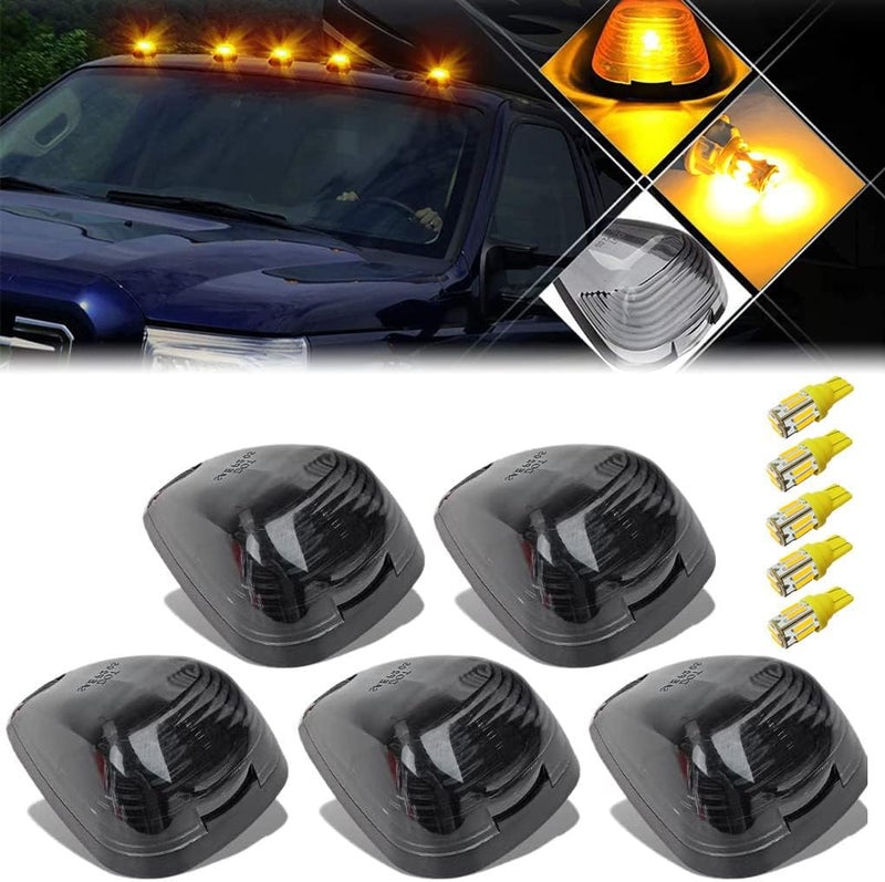GLOFE 5X Black Smoke Lens Cab Roof Marker Running Lamps w/Amber Yellow LED Lights Compatible with Ford F150 F250 F350 F450 F550 F650 F750 E150 E250 E350 E450 1999-2016 Super Duty Pickup Trucks - Image 1